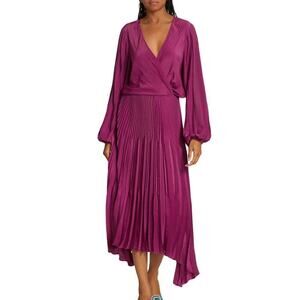 Ramy Brook Sadie Long Sleeve Pleated Midi Dress Size XS PLBRY Shoulder Pads